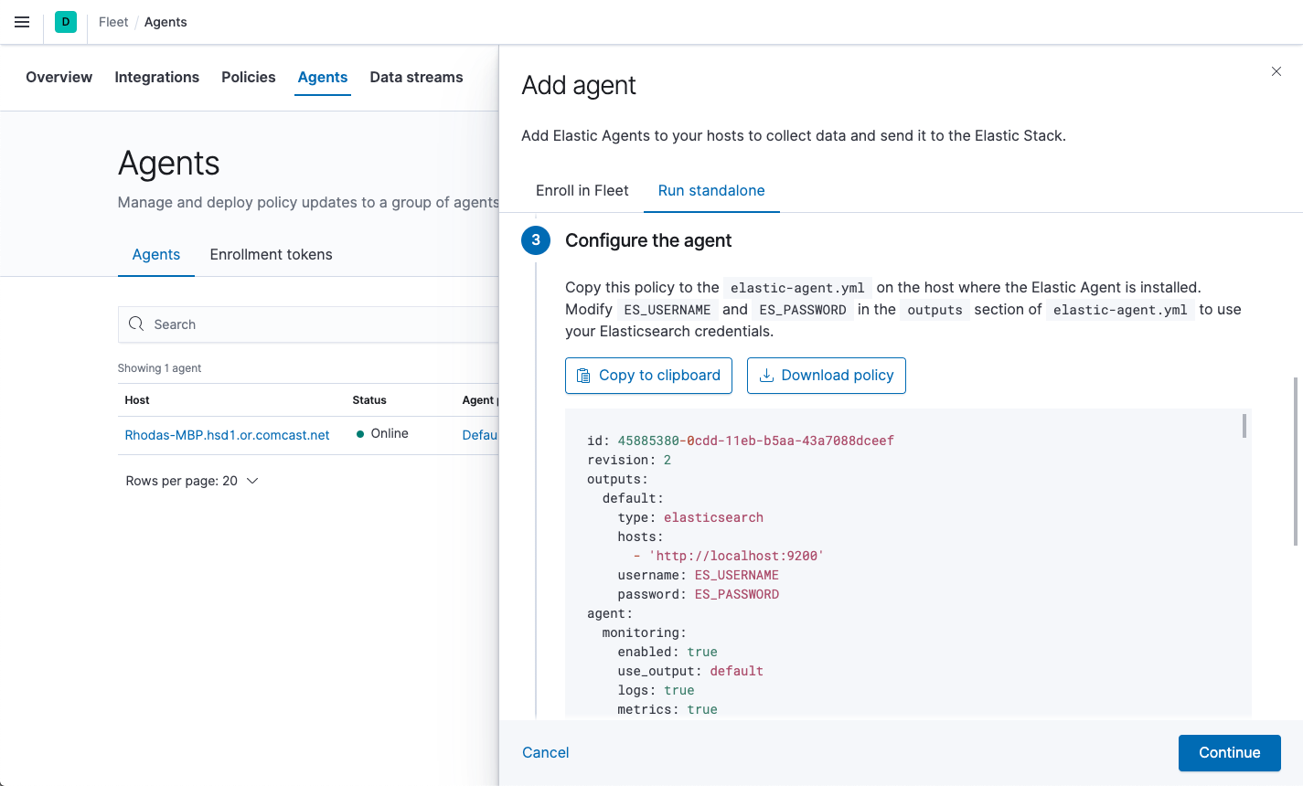 Fleet showing default agent policy in YAML format