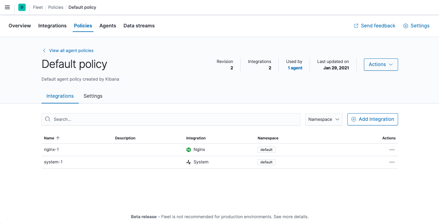 Fleet showing default agent policy with nginx-1 datasource