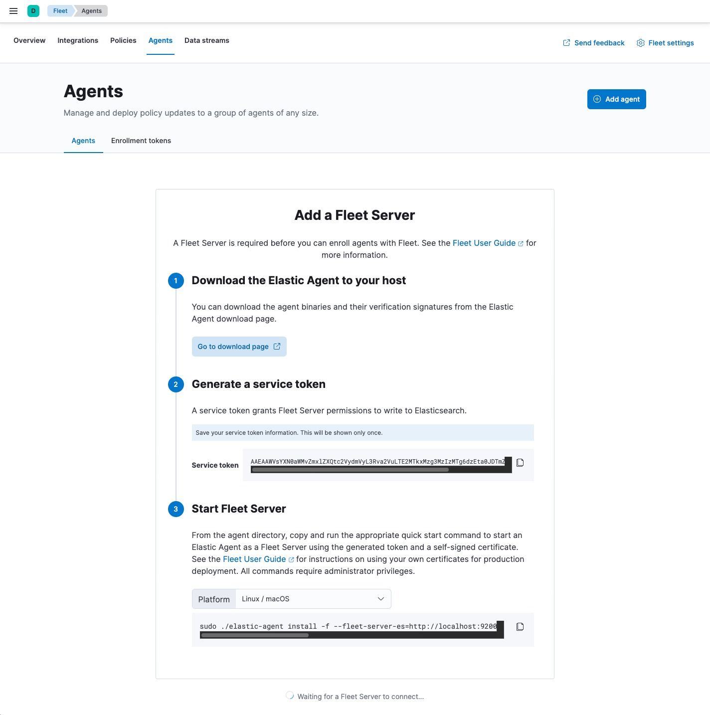 In-product instructions for adding a Fleet Server