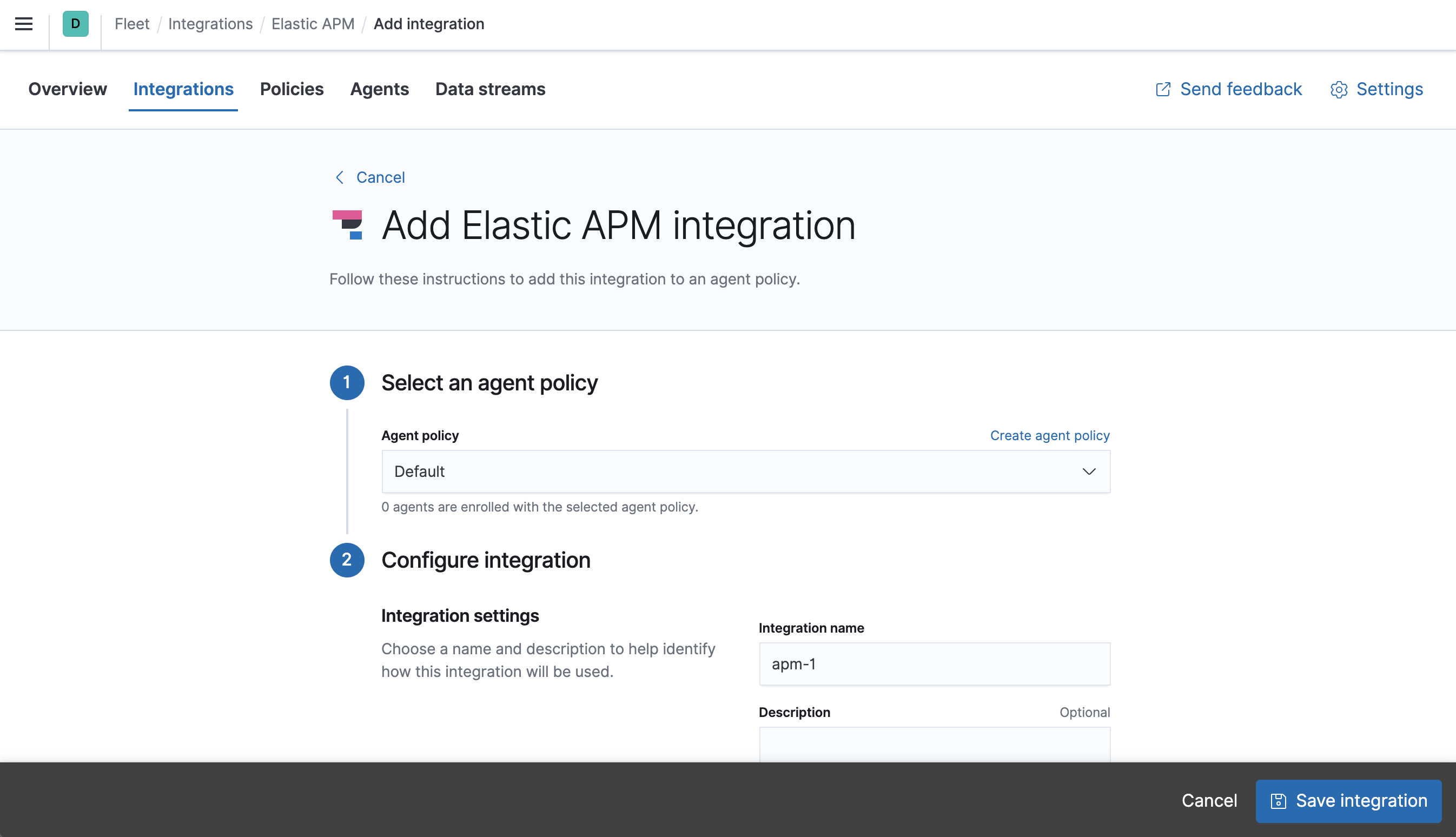 Fleet Add APM integration page