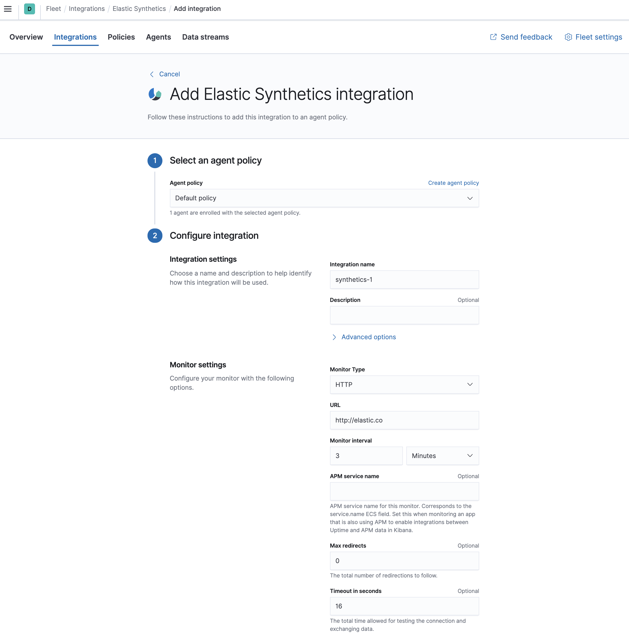 Fleet Add Synthetics integration page