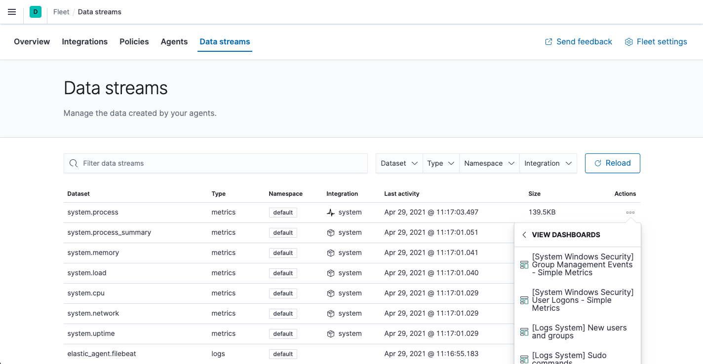 Fleet showing data streams list