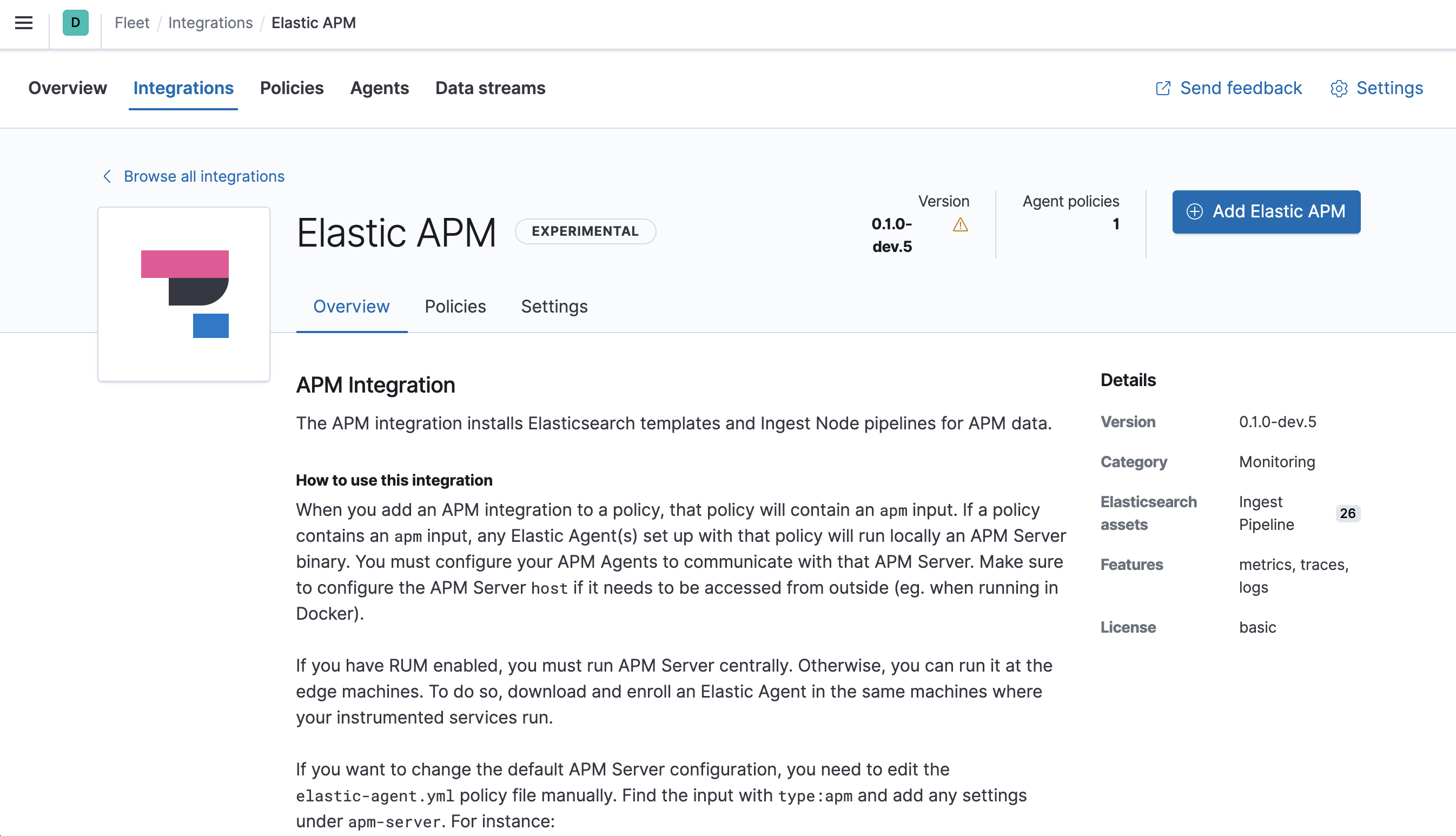 Fleet showing APM integration overview