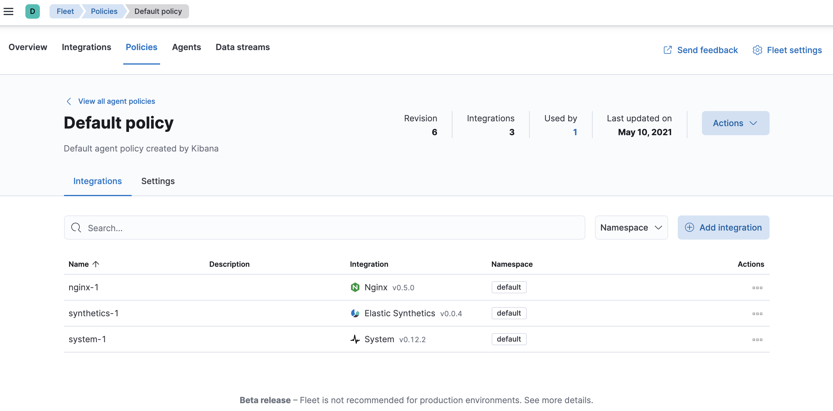 Fleet showing default agent policy with nginx-1 datasource