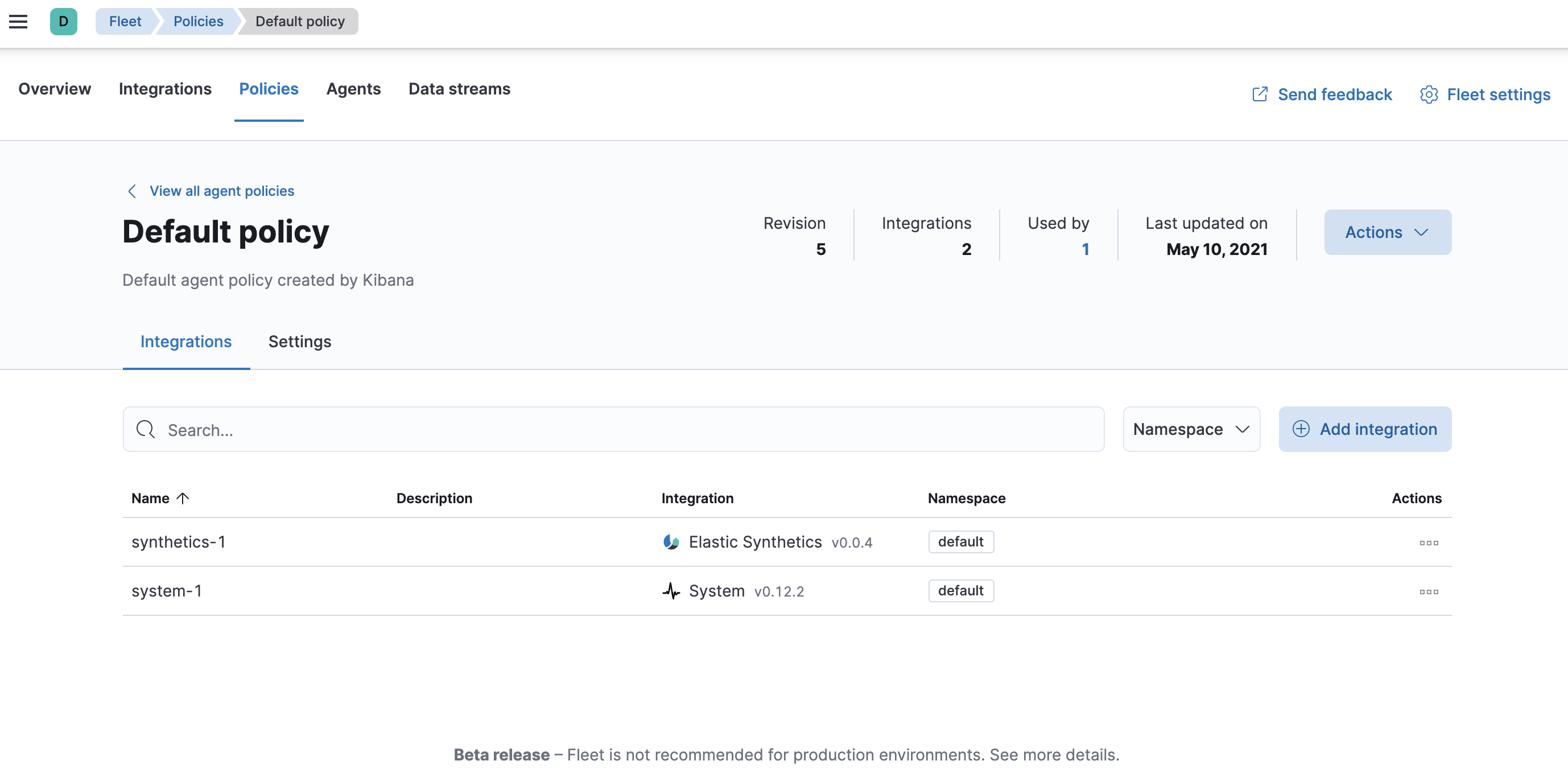 Fleet showing default agent policy with synthetics-1 datasource