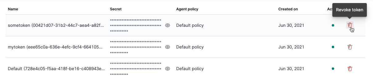 Enrollment tokens tab with Revoke token highlighted