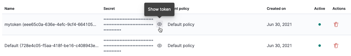 Enrollment tokens tab with Show token icon highlighted