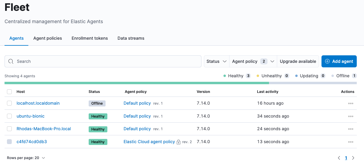 Agents tab showing status of each Elastic Agent