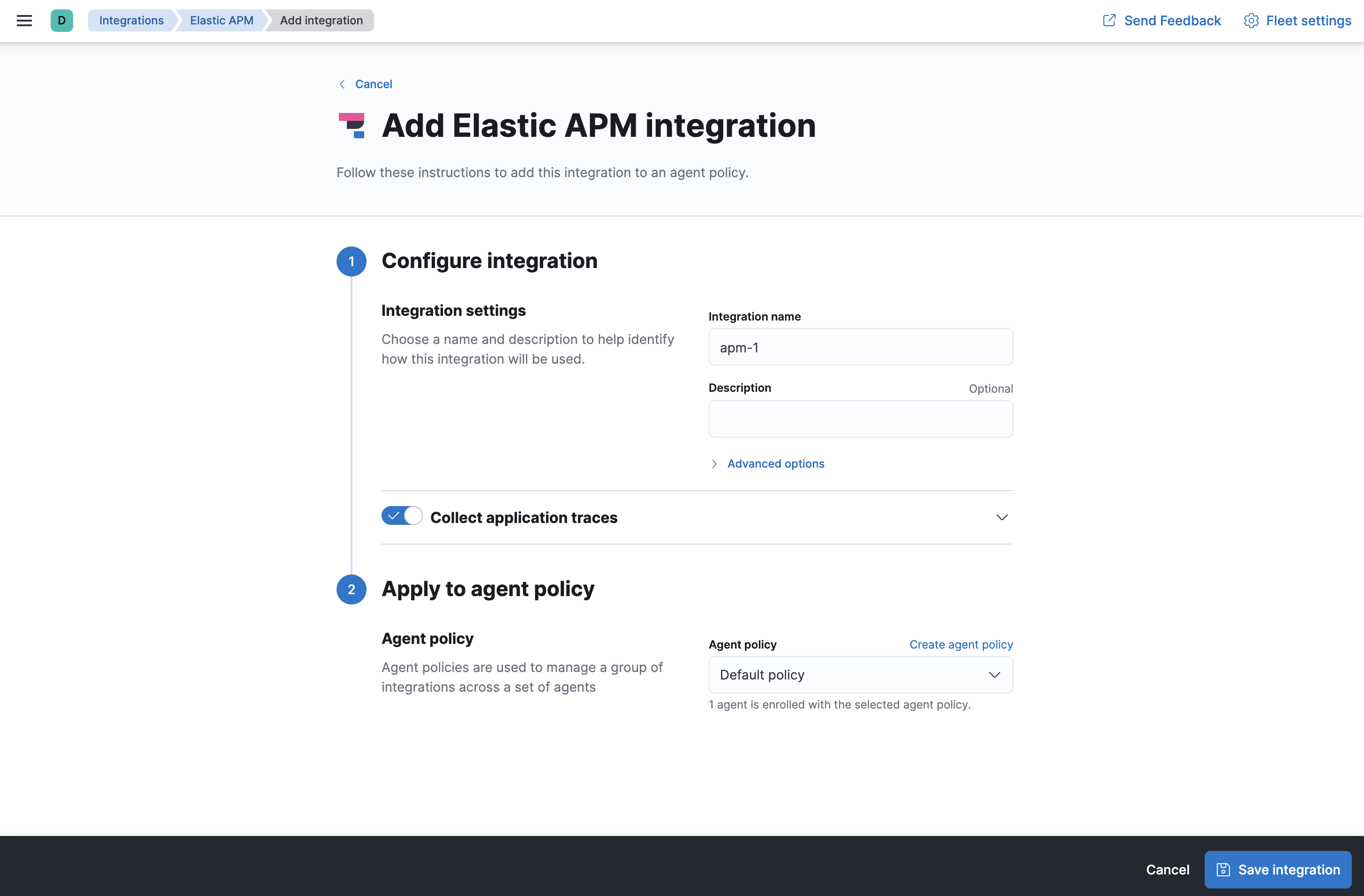 Fleet Add APM integration page