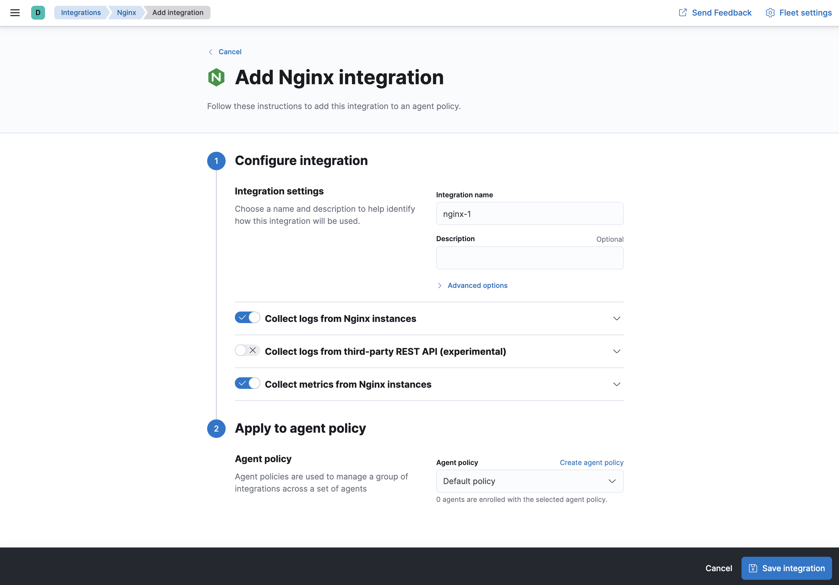 Fleet Add Nginx integration page