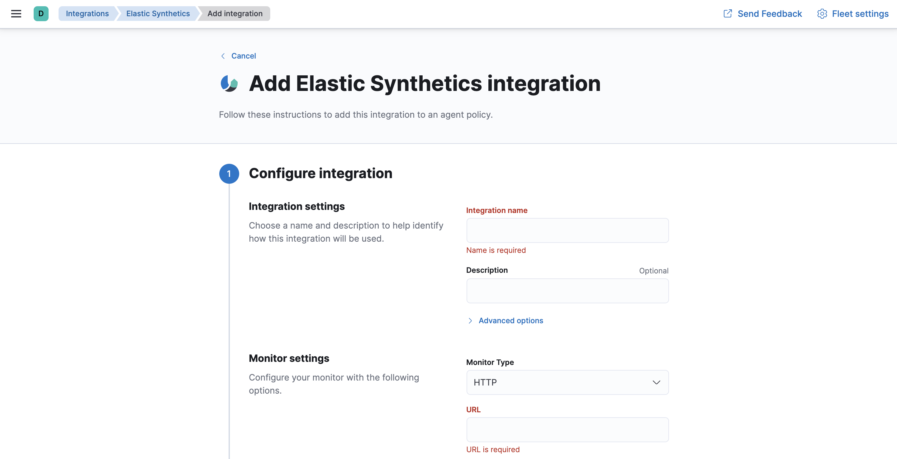 Fleet Add Synthetics integration page