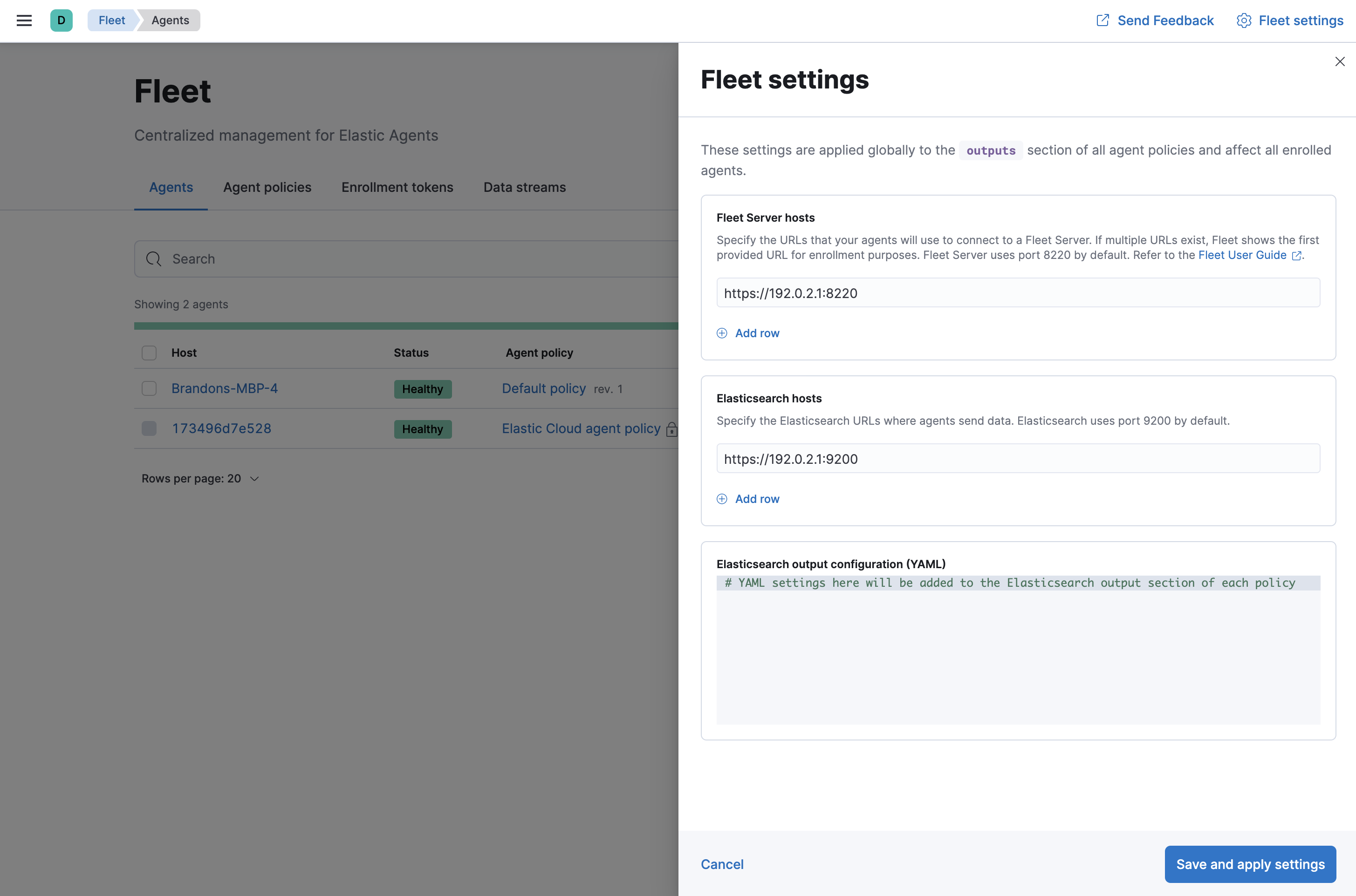 Screen capture that shows Fleet Server hosts