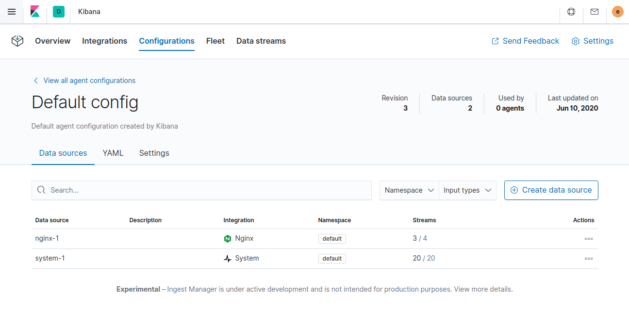 Ingest Manager app showing default Agent configuration with nginx-1 datasource