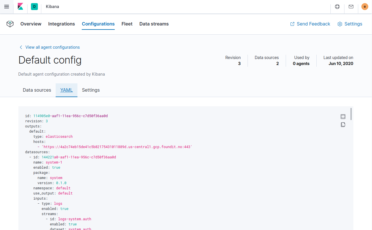 Ingest Manager app showing default Agent configuration in YAML format