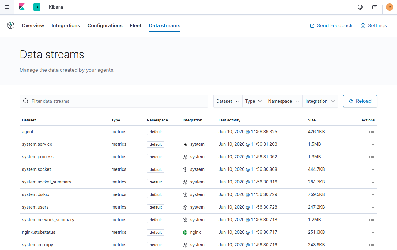 Ingest Manager app showing data streams list