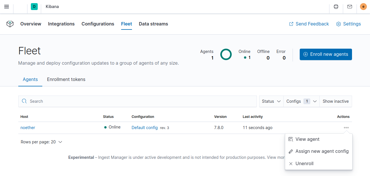 Ingest Manager app showing enrolled Agents