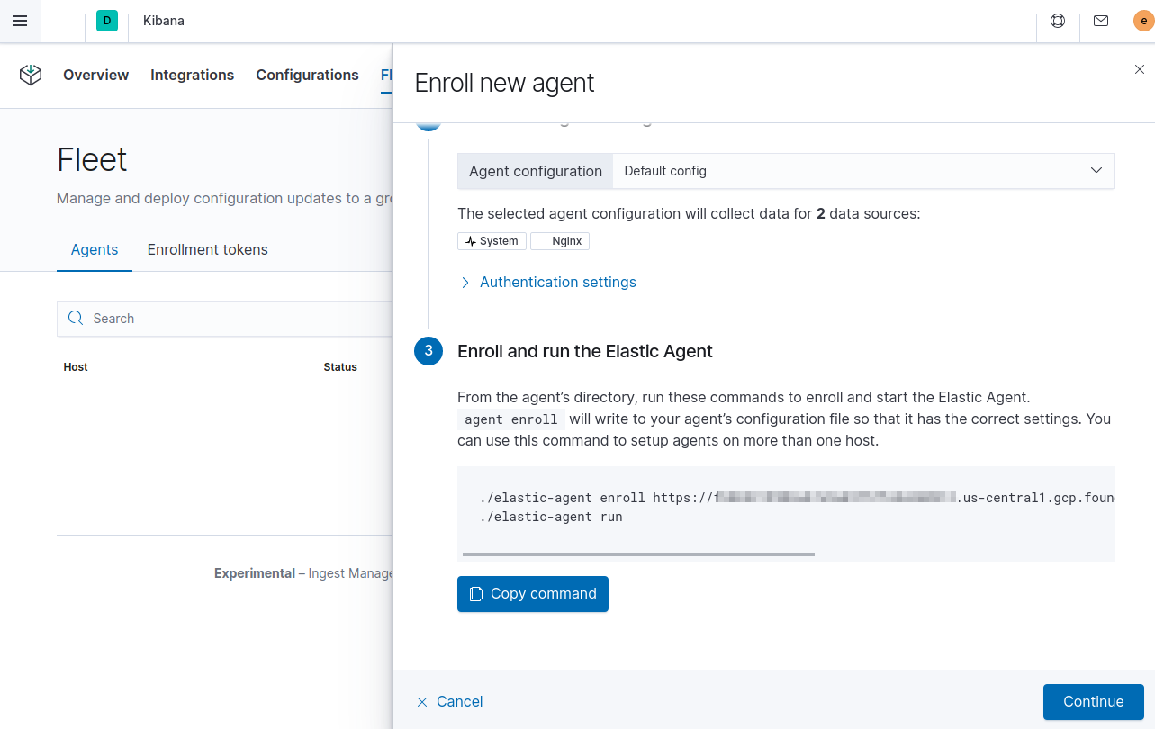 Ingest Manager app showing Agent enrollment dialog