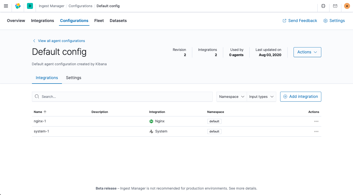 Ingest Manager showing default agent configuration with nginx-1 datasource