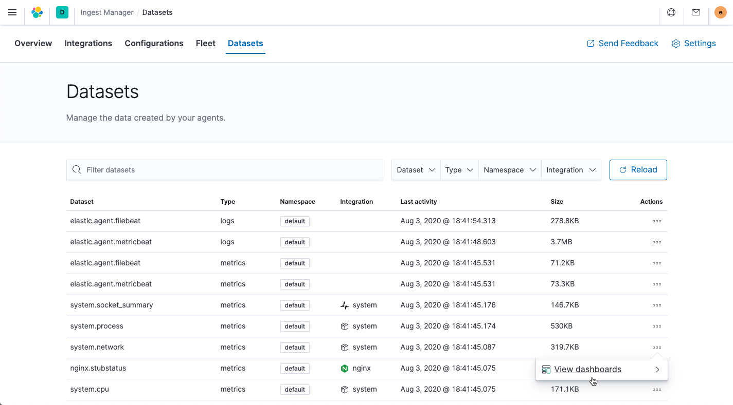 Ingest Manager showing data streams list