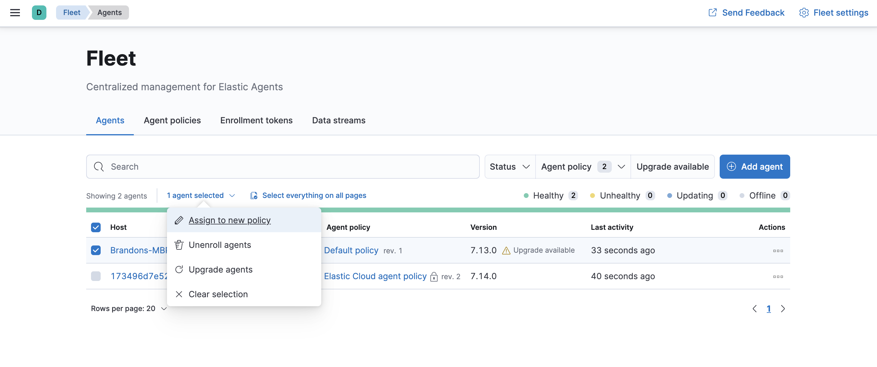 Assign to new policy dropdown