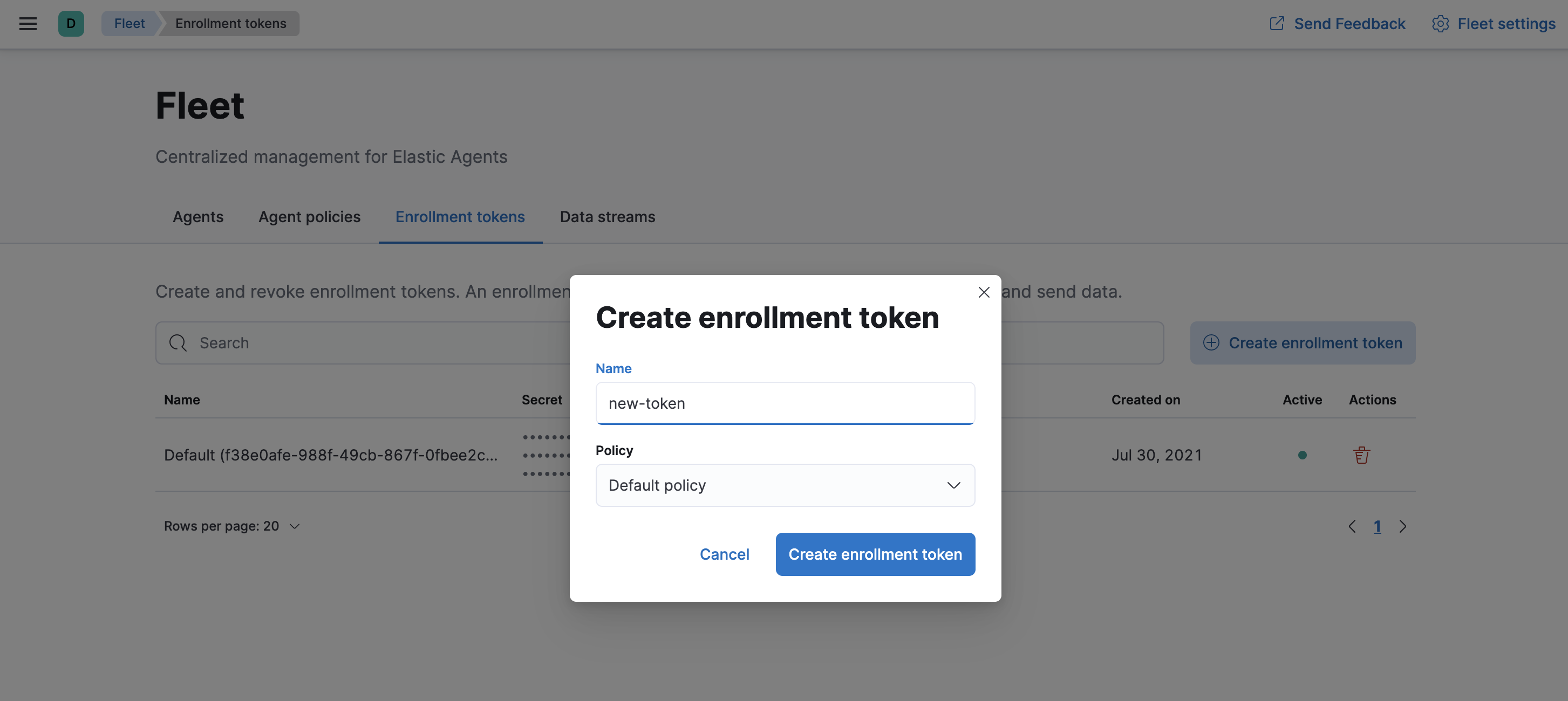 Enrollment tokens tab in Fleet