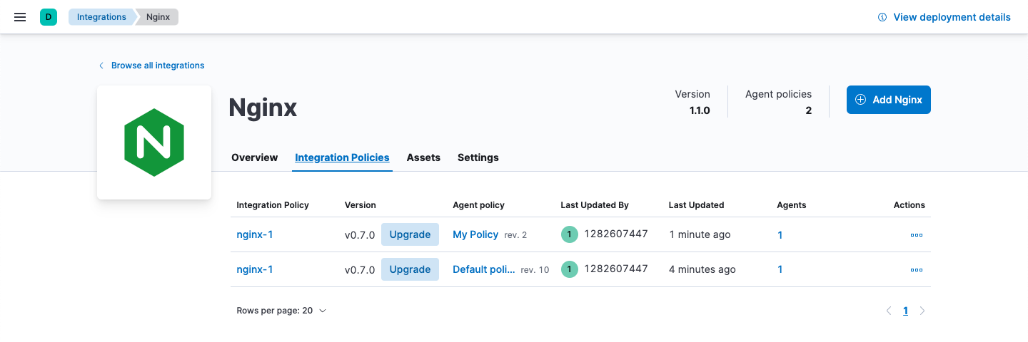 Policies tab under Integrations shows how to upgrade the package policy