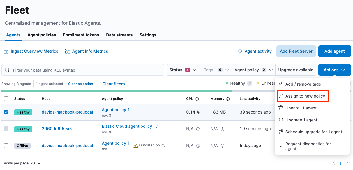 Assign to new policy dropdown