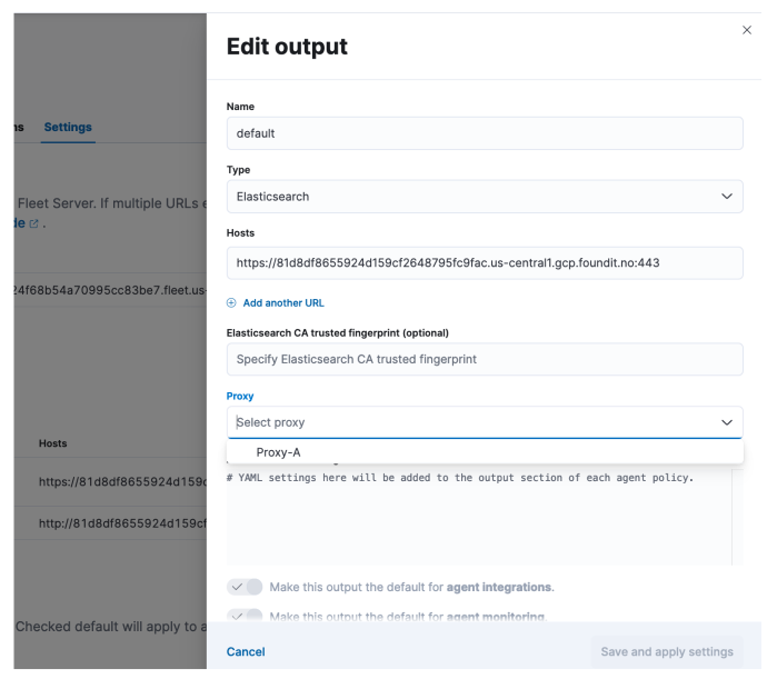 Screen capture of the Edit output UI in Fleet