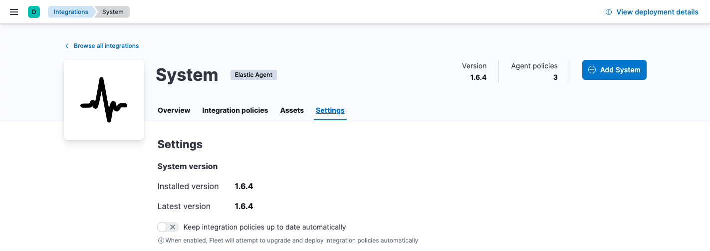 Settings tab under Integrations shows how to keep integration policies up to date automatically