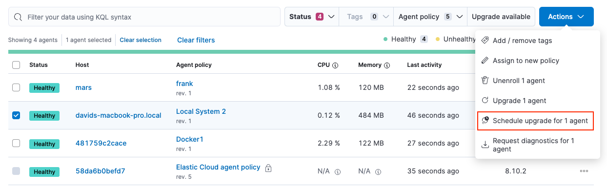 Menu for scheduling Elastic Agent upgrades