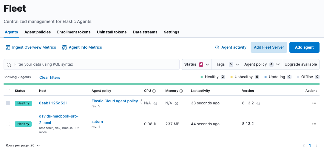 Agents tab showing status of each Elastic Agent