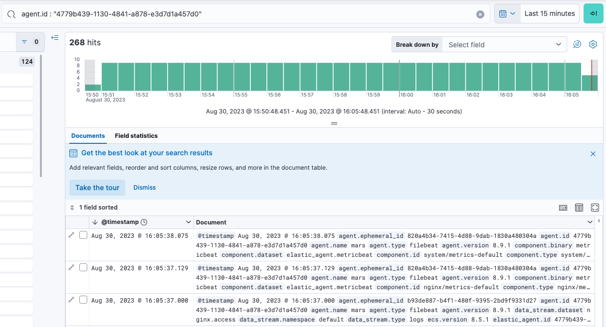 Kibana Discover shows agent logs are flowing into Elasticsearch.