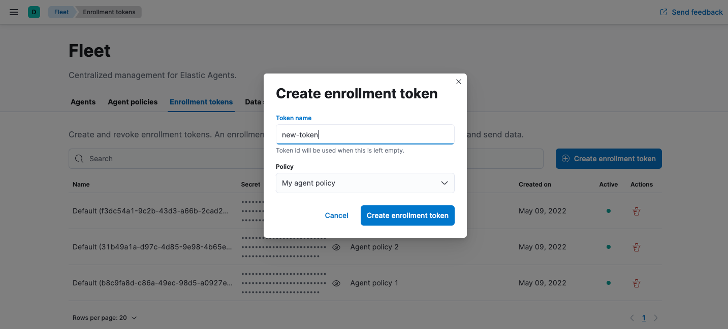 Enrollment tokens tab in Fleet