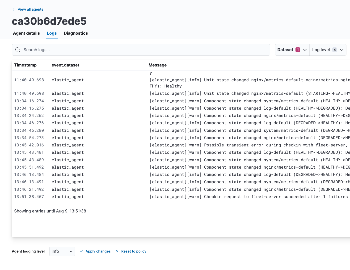 {Logs} tab showing the agent logging level setting