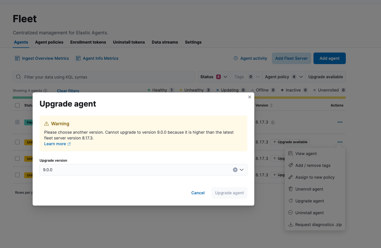 Elastic Agent upgrade is not selectable