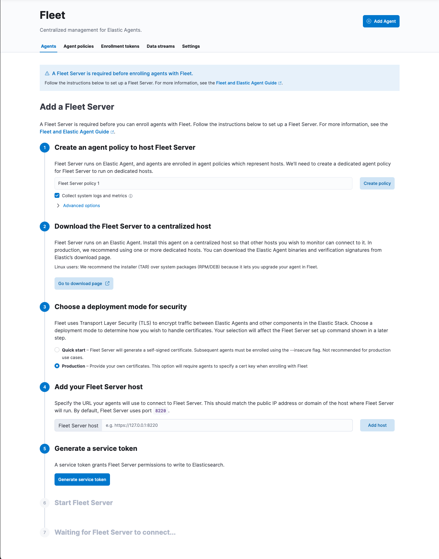 In-product instructions for adding a Fleet Server