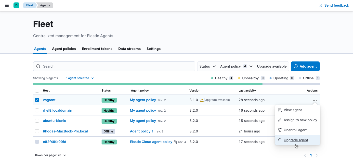 Upgrade menu for updating an Elastic Agent in Fleet