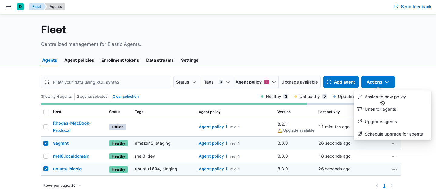 Assign to new policy dropdown