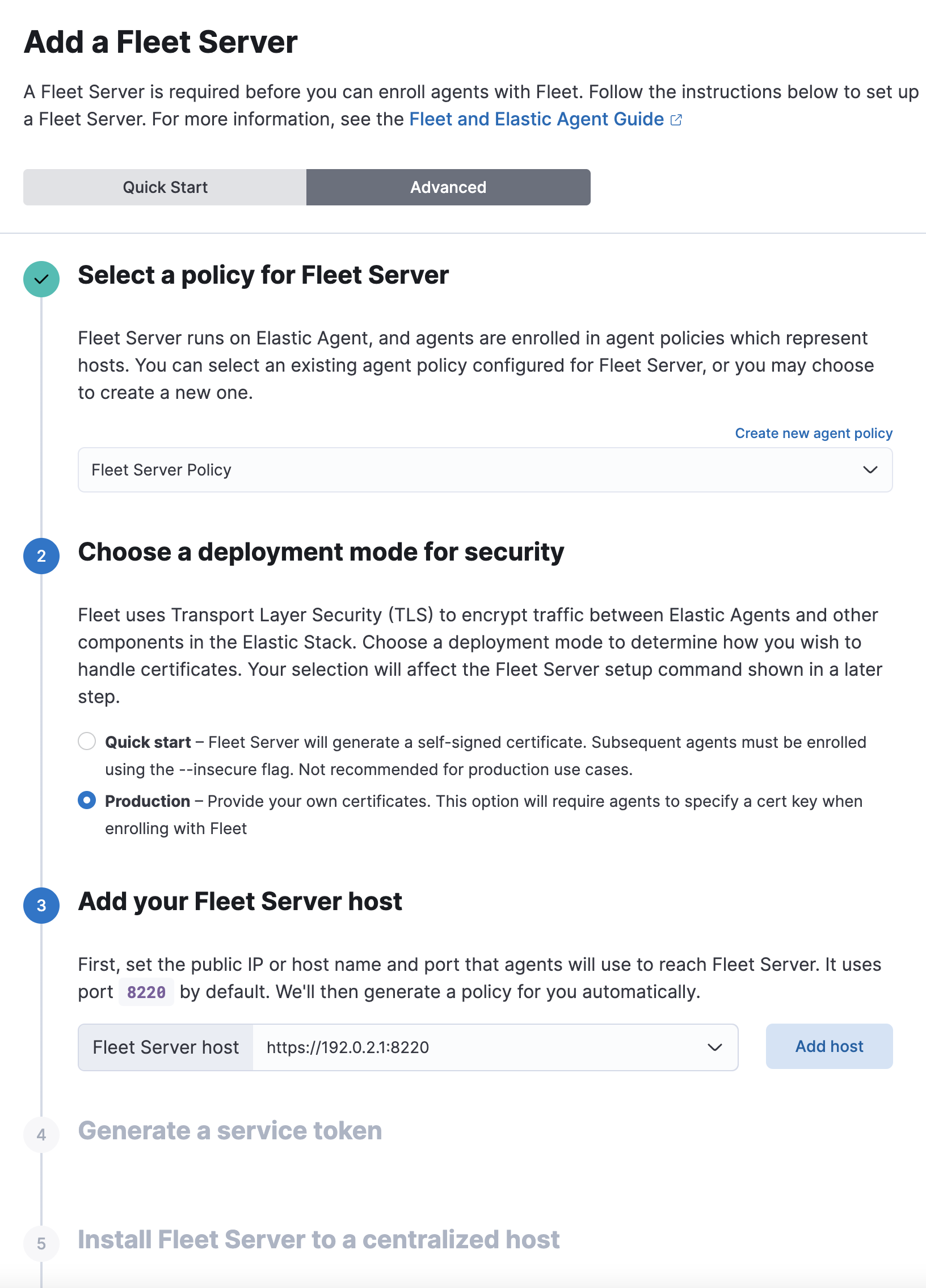 In-product instructions for adding a Fleet Server in advanced mode