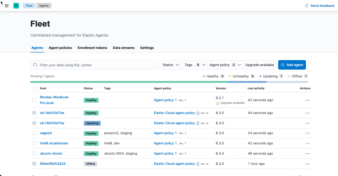 Agents tab showing status of each Elastic Agent