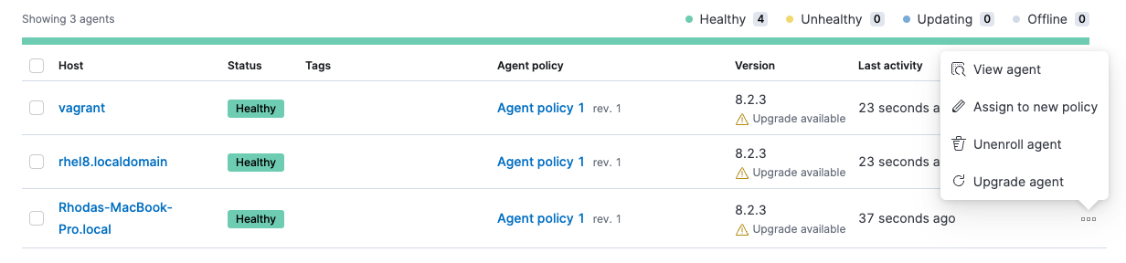 Menu for upgrading a single Elastic Agent