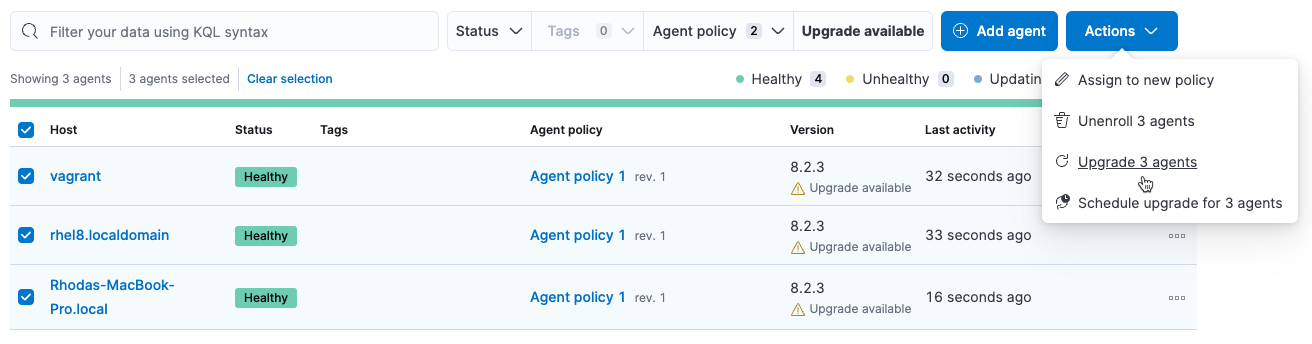 Menu for bulk upgrading Elastic Agents