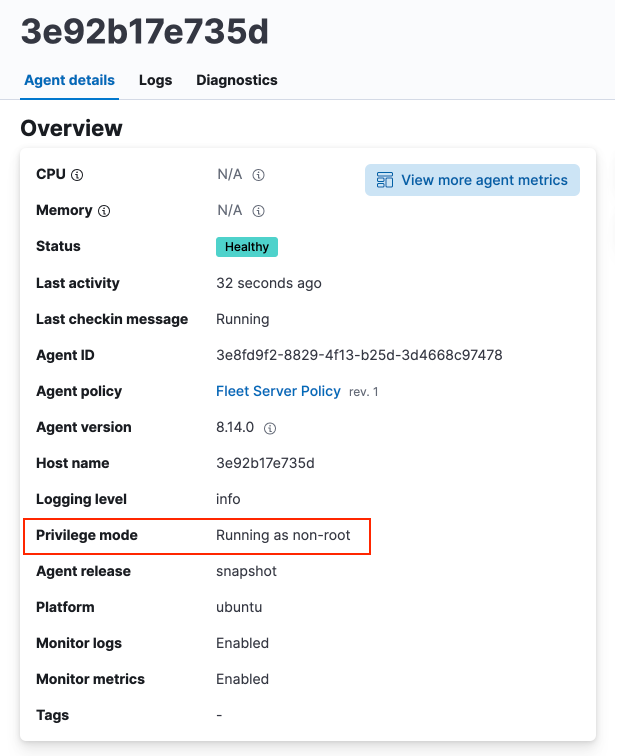 Agent details tab showing the agent is running as non-root
