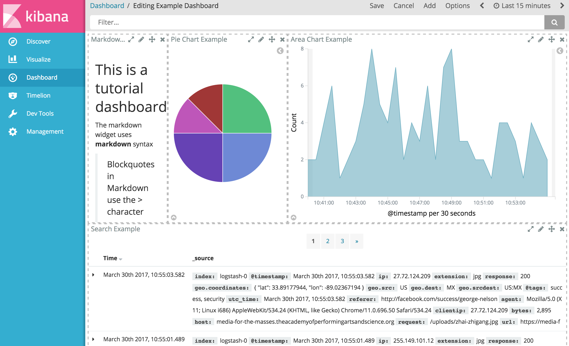 Example dashboard in edit mode