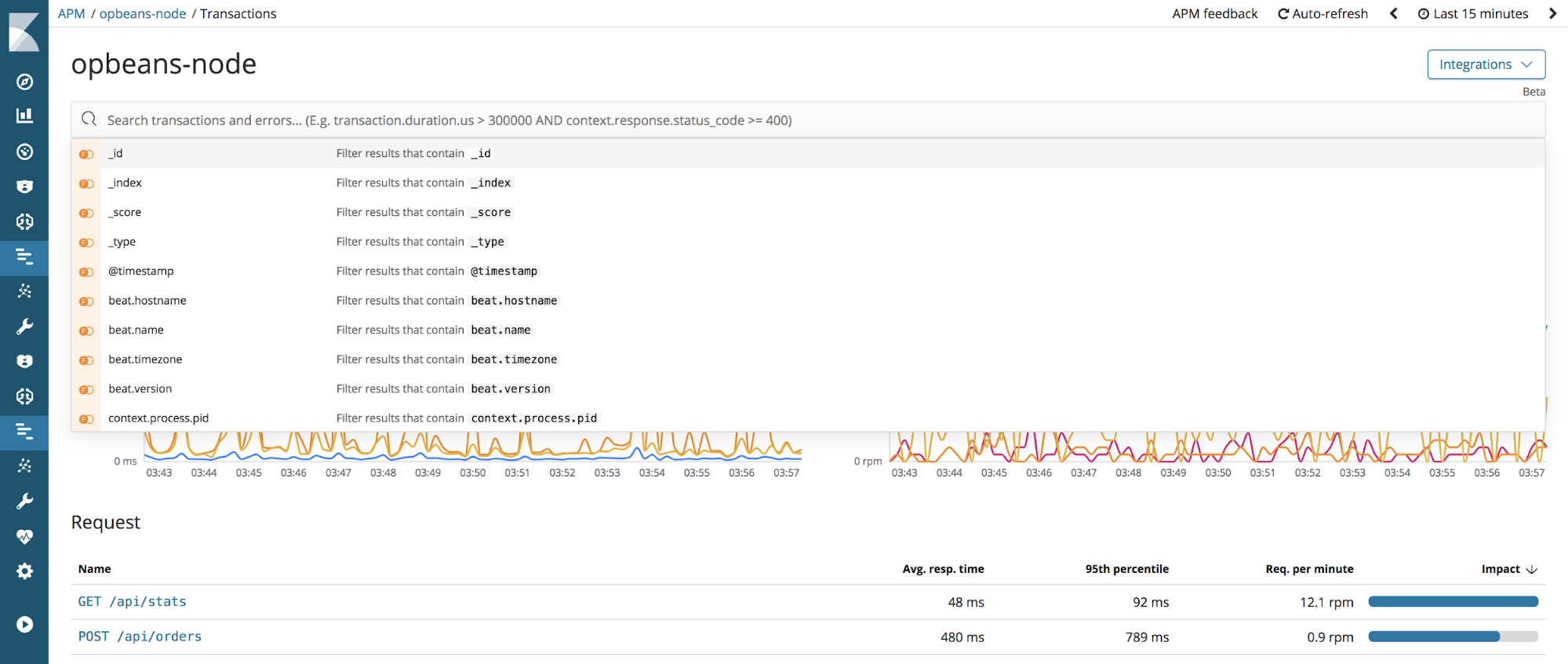 Query bar for searching and filtering APM data