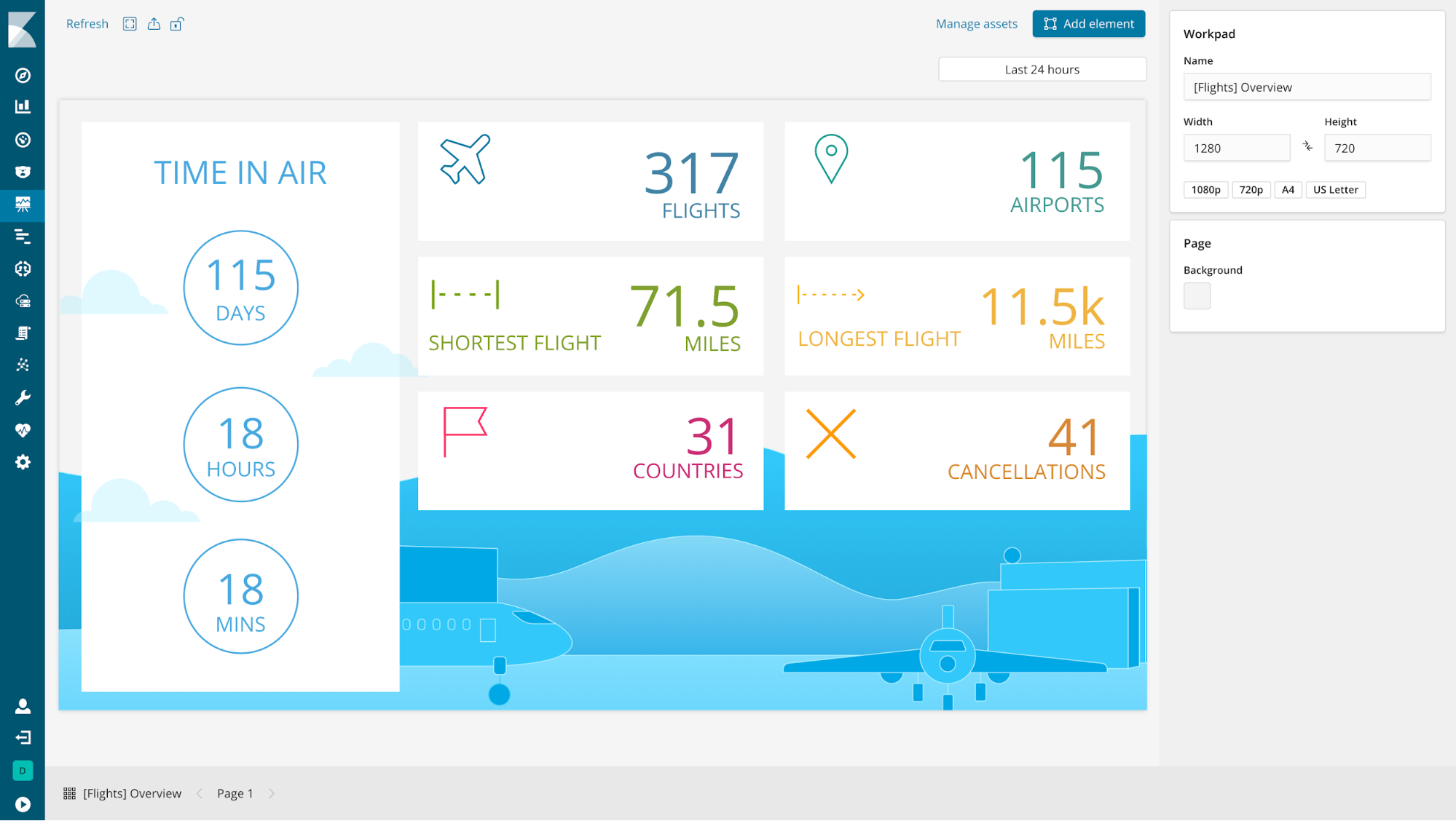 Canvas workpad with sample flight data set