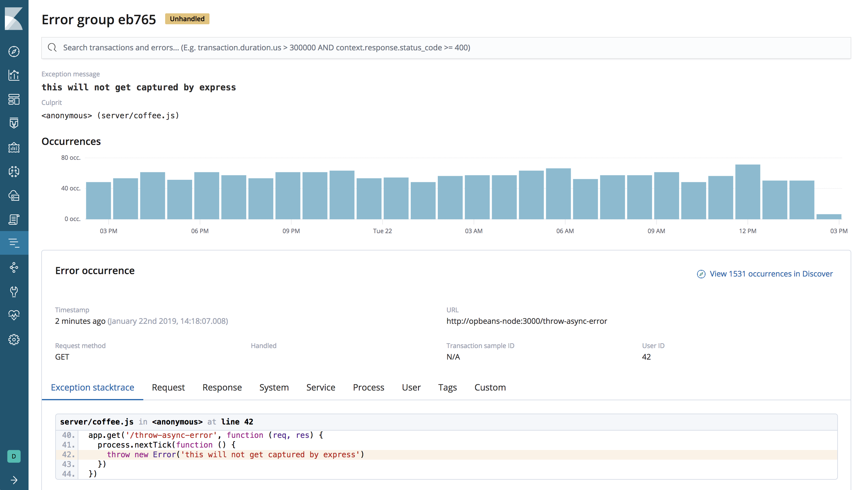 Example view of the error group page in the APM UI in Kibana