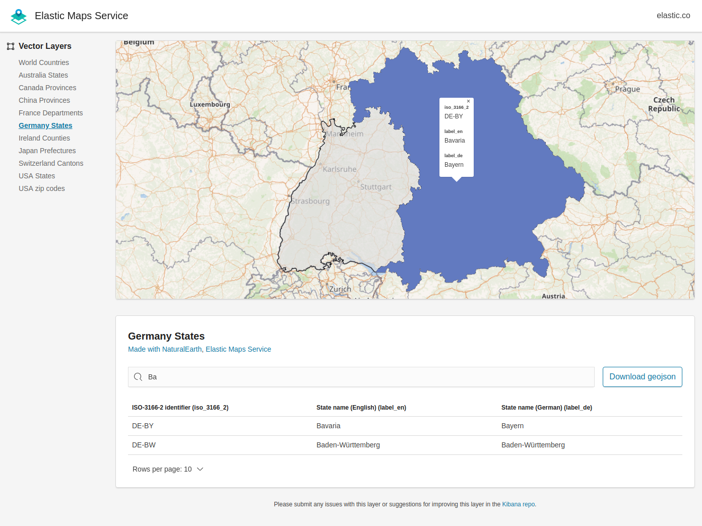 Elastic Maps Service landing page