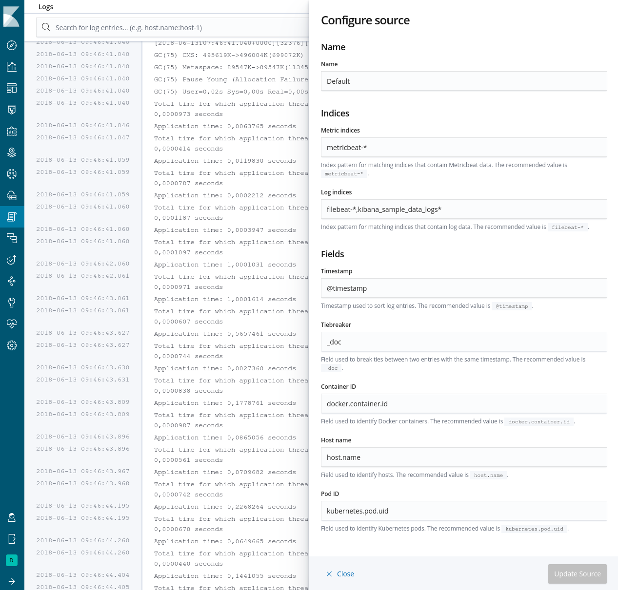 Configure logs UI source dialog in Kibana