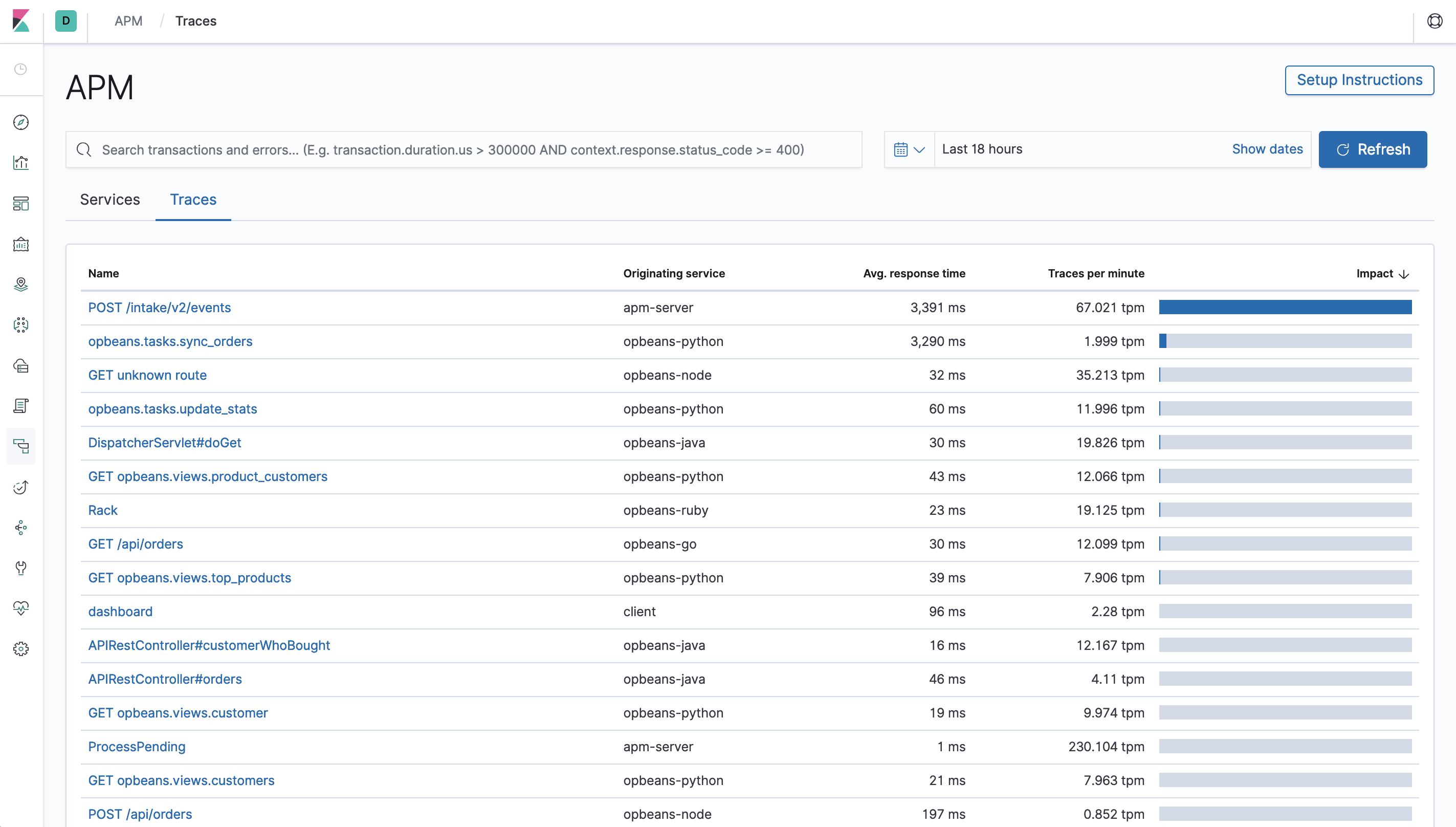 Example view of the Traces overview in APM UI in Kibana